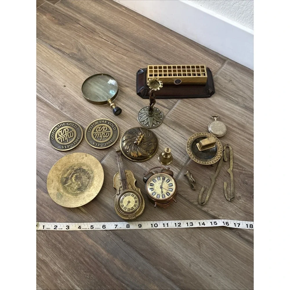 Vintage Brass Random Lot Figurines Clocks, Eagle Pendant, Magnifying Glass